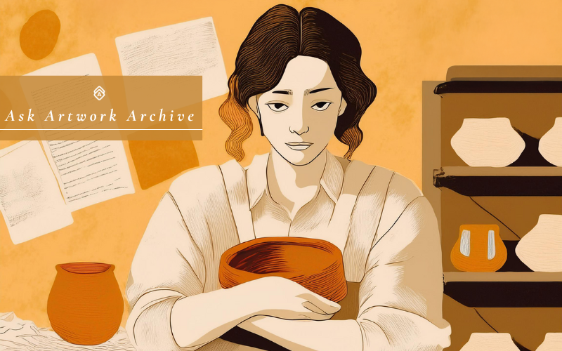 A stylized illustration of a person with wavy, dark hair wearing a light-colored shirt and apron, holding a handcrafted clay pot close to their chest. The background features a warm ochre tone with scattered papers, a clay pot, and a shelving unit displaying pottery. The text overlay reads "Ask Artwork Archive" in a refined font, adding a professional yet artistic touch