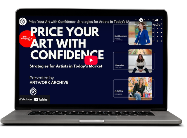 "A laptop screen displaying a YouTube video titled 'Price Your Art with Confidence: Strategies for Artists in Today’s Market.' The video thumbnail features a dark blue background with bold white text that reads 'PRICE YOUR ART WITH CONFIDENCE,' with the word 'Sold' written in red script over a red circular element. Below the main title, the subtitle states 'Strategies for Artists in Today’s Market.' The video is presented by Artwork Archive, with its logo visible in the bottom left corner. On the right side of the thumbnail, there are three small rectangular frames displaying headshots of panelists: Shelli Beermann (Art Advisor & Artist Manager), Kate Joiner (Visual Artist), and Jodie King (Artist, Educator, Entrepreneur). A red play button is centered on the screen, indicating that this is a paused YouTube video.