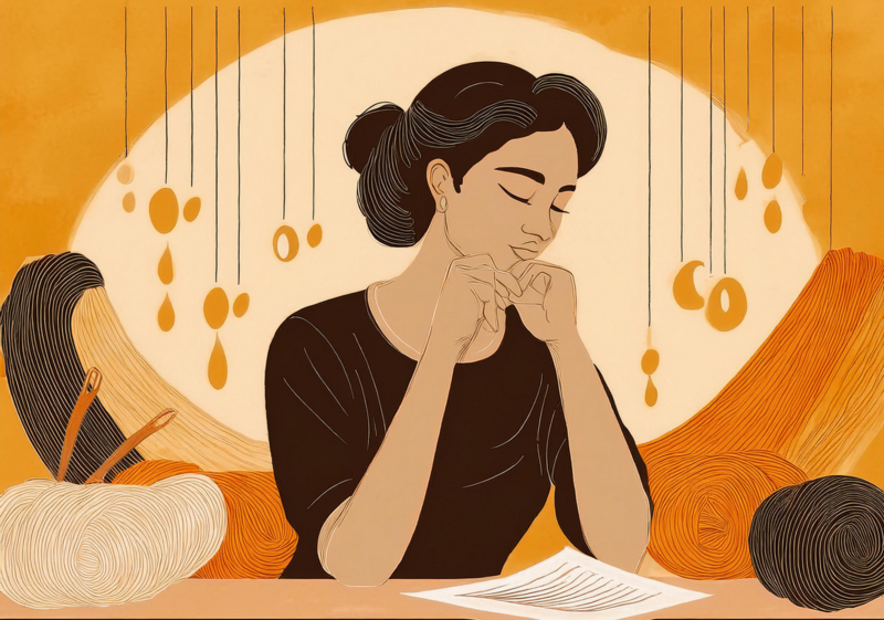 A stylized digital illustration of a woman with dark hair in a bun, wearing a black top, sitting at a table with a contemplative expression. Her hands are gently clasped near her chin as she looks downward. A sheet of paper with writing is on the table in front of her. Surrounding her are skeins of yarn in white, black, and shades of orange, along with knitting needles. The background features an abstract, warm-toned design with hanging golden orbs and teardrop shapes