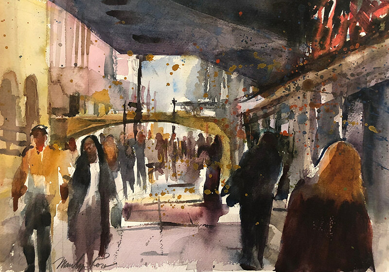 A street scene watercolor by Marilyn Rose