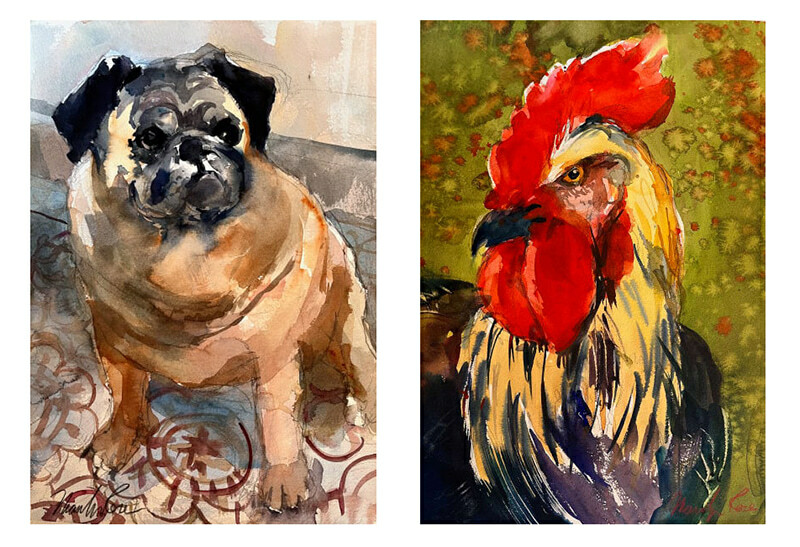 Watercolors of a dog and a rooster