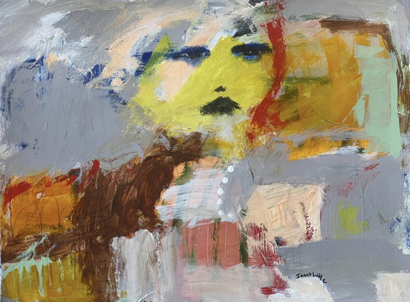 Acrylic painting titled When All Else Fails by Janet Little, measuring 18 x 24 inches. The abstract portrait features a central female face with a striking yellow complexion, bold blue eyes, and black lips. Surrounding the figure are expressive, layered brushstrokes in soft gray, earthy brown, golden yellow, pale green, and touches of red. A vertical string of white dots along the figure’s chest adds subtle texture