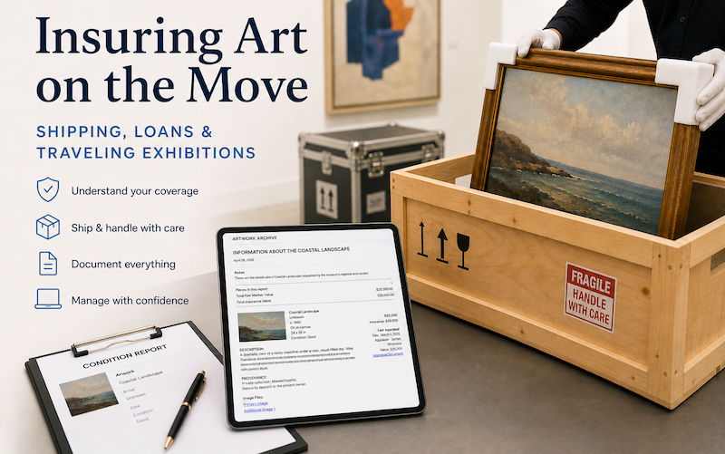 Insuring Art on the move written next to a figure with white gloves pulling a coastal landscape painting out of a wooden crate with a tablet and a clipboard next to it