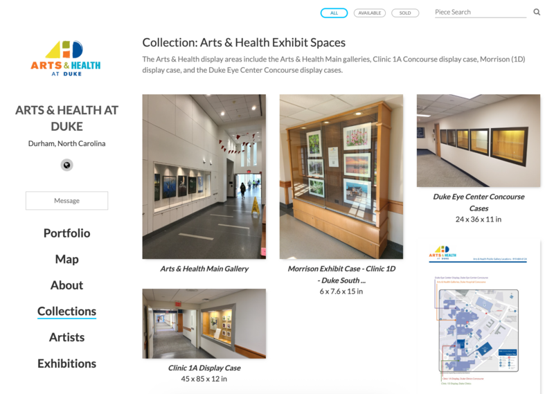 Arts and Health at Duke's Exhibition Spaces displayed with images of art installed in the hallways, and a description of the exhibition spaces included
