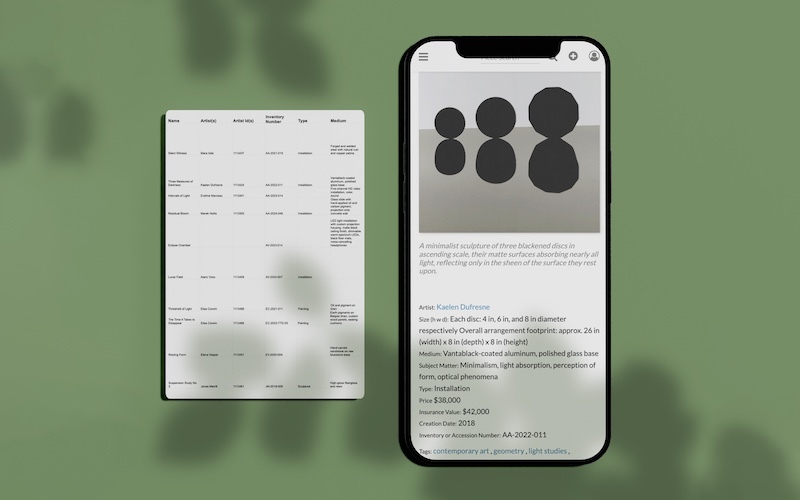 A report that is a list of artworks shown next to a smartphone with an artwork record displayed