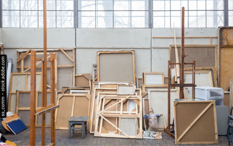 An empty artist's studio with canvases lined up against a white wall