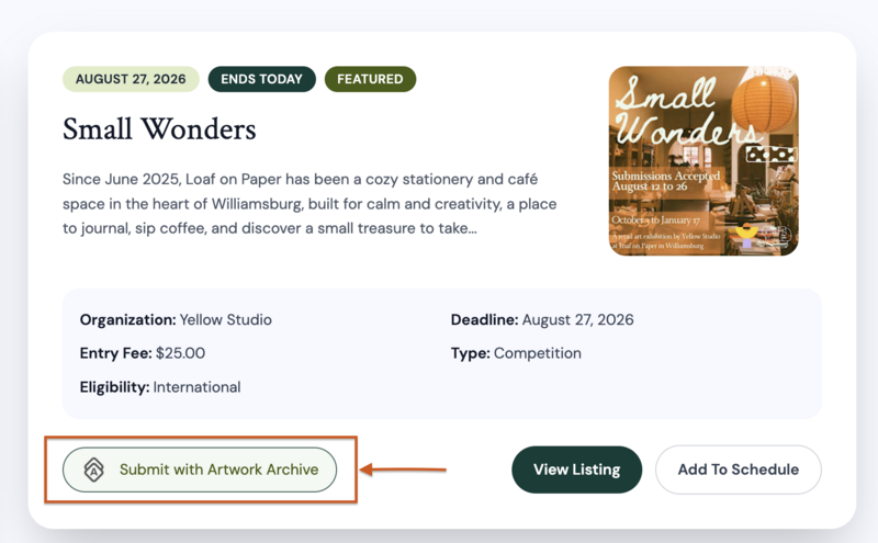 An artist opportunity listing on Artwork Archive, with the "Submit with Artwork Archive" button highlighted at the bottom left.