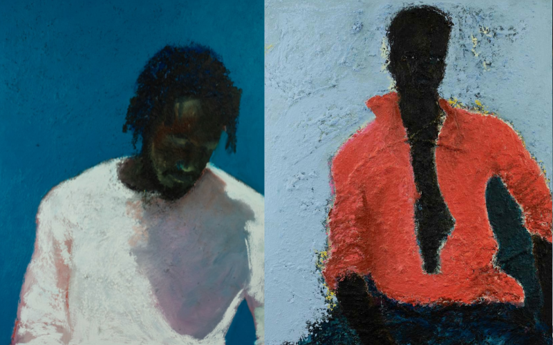 Two figurative paintings by Temi Wynston Edun, one in a white shirt against deep blue with the head lowered, the other in a red top against pale grey, whose face is partly obscured