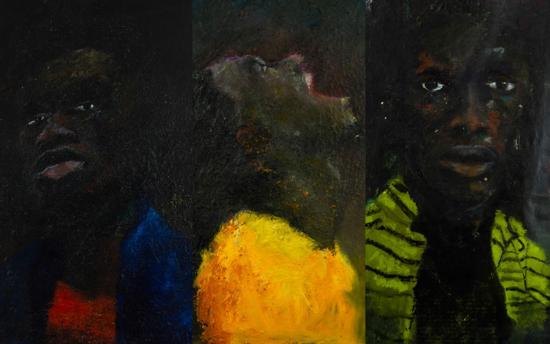 Three oil stick paintings by Temi Wynston Edun, each a Black figure surfacing out of darkness, their faces only partly caught by light against fields of blue, gold, and green.