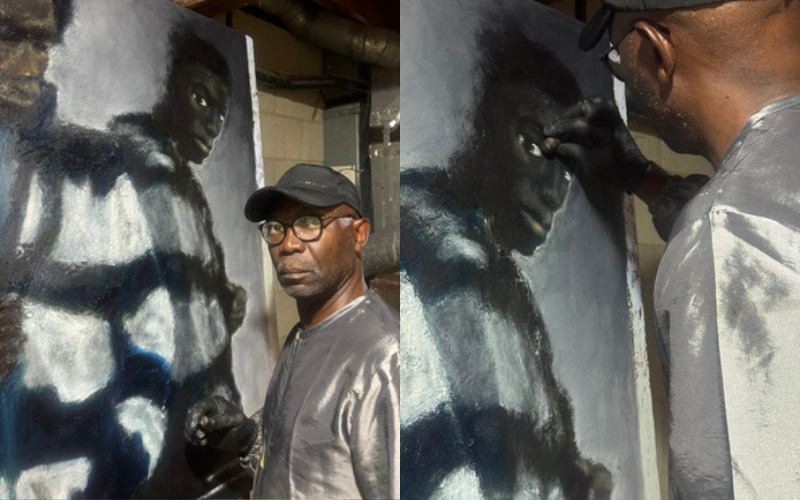 A two-panel photo of artist Temi Wynston Edun at work on an oil stick painting, the second panel a close-up of his hand reworking the figure's face.