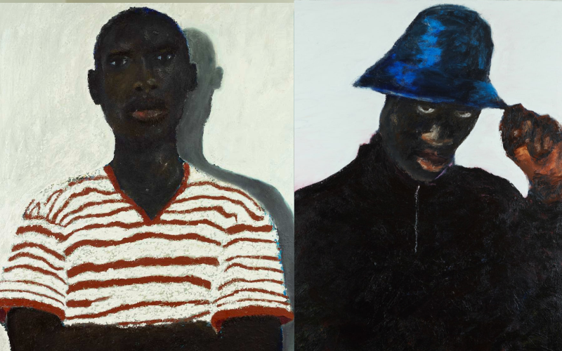 Two oil stick paintings by Temi Wynston Edun of Black figures against pale grounds, one in a red-striped shirt with the face lifted and lit, the other in a blue bucket hat with the face lowered and in shadow.