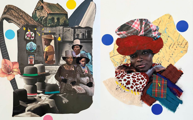 Two Gaskin collages side by side. At left, "Hats of Heritage" shows four Black women in period dress beneath a stone house and stacked, colorful hats; at right, a woman in a red headwrap sits against a map and layered fabric swatches.