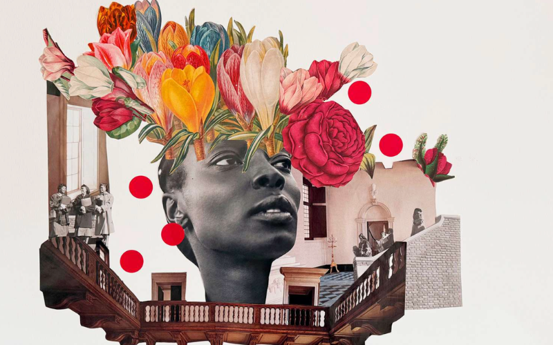 A collage crowning a Black figure's head with a dense bloom of tulips, crocuses, and roses, rising above a grand staircase and robed figures, punctuated by red dots.