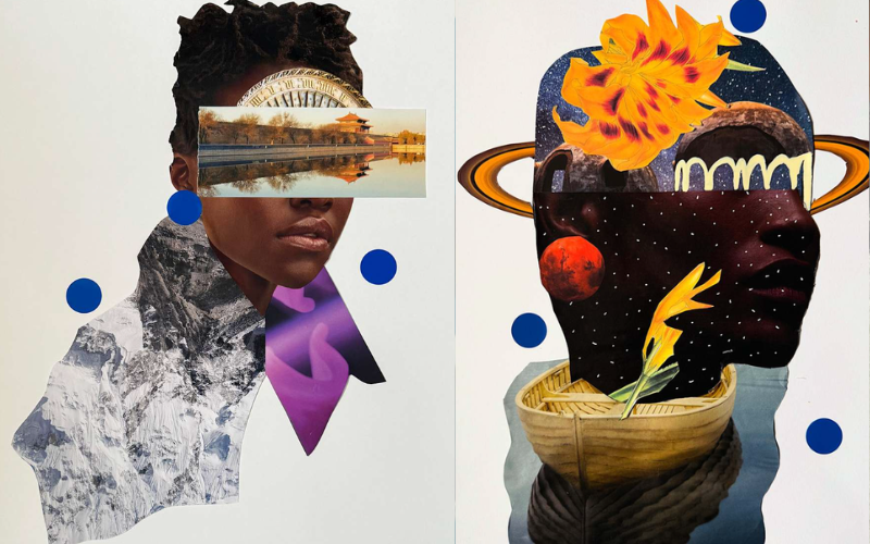 Two Gaskin collages. At left, a landscape strip crosses a Black woman's eyes above a mountain-textured body; at right, a head ringed by Saturn-like bands and topped with an orange lily rises from a woven canoe.