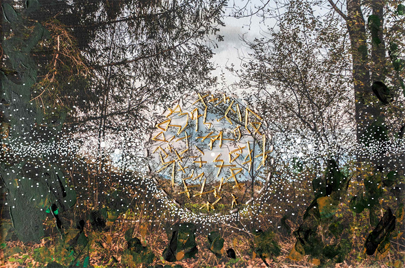 An embroidered photograph of a woodland scene