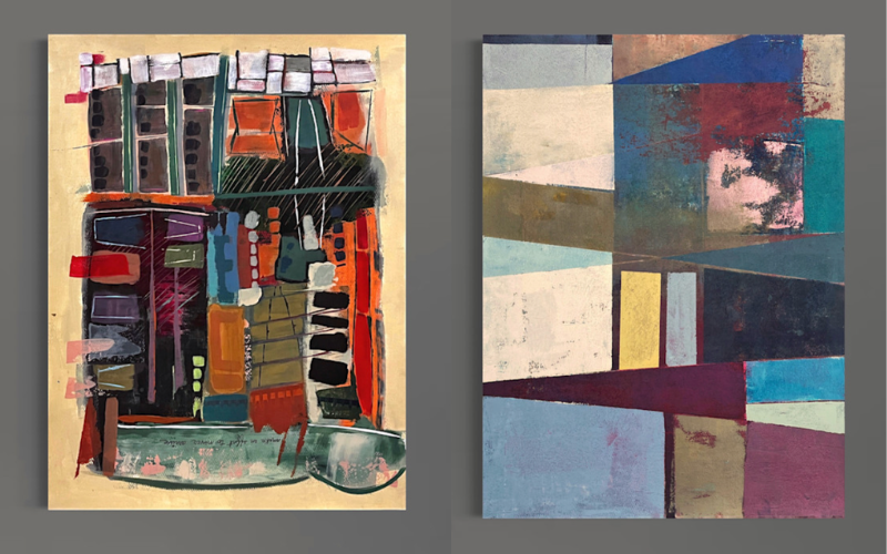 LEFT- “Songs of So Many,” a 2026 abstract painting by W.S. Cranmore, dense with layered geometric shapes in orange, teal, and black. RIGHT- “Partitions,” a 2026 abstract painting by W.S. Cranmore, composed of overlapping geometric planes in blue, mauve, and slate.