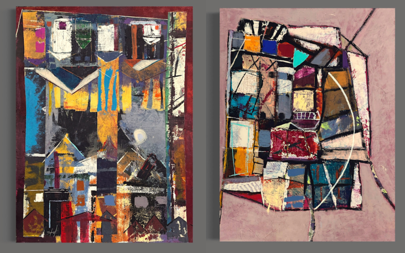 left — Caught In A Cocktail Hour: a 2026 abstract painting by W.S. Cranmore, layered with geometric shapes in yellow, blue, and red. RIGHT- “Call Me Underground,” a 2026 abstract painting by W.S. Cranmore, a dense grid of color blocks framed by a pale mauve border.